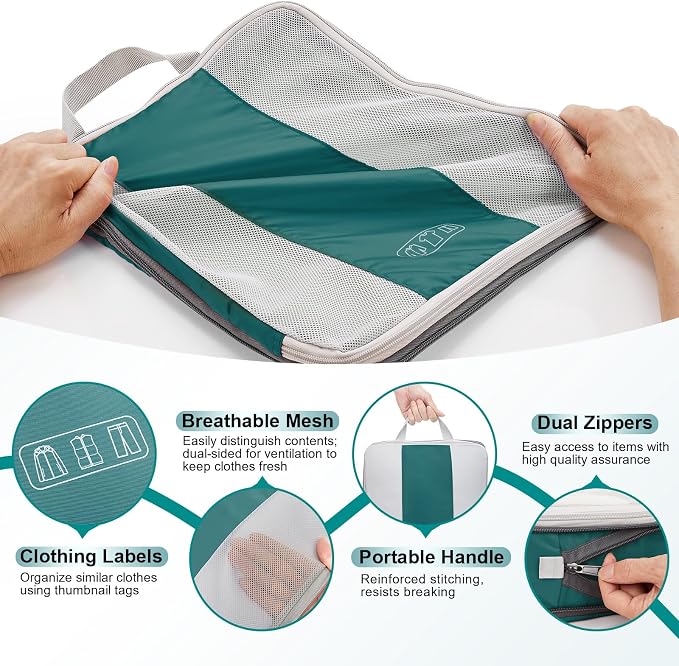 OlarHike 10 Set Compression Packing Cubes for Travel Essentials,Compressible Expandable Space Saver Bags for Organizing Clothes,Luggage Garment Bags with Over 1000 pcs Mesh Holes(Dark Blue Green)
