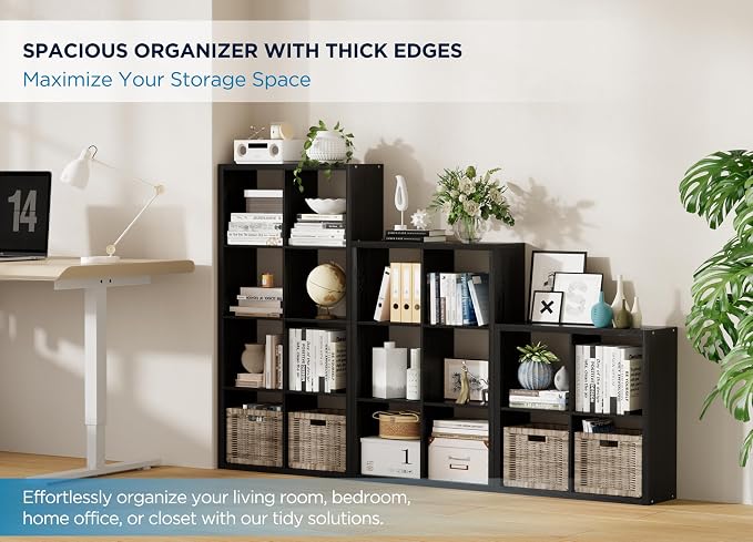 9 Cube Storage Organizer, Wooden Cube Shelf Bookcase with Reinforced Thick Shelves, Heavy-Duty 36.93" L x 9.37" W x 36.93" H, for Living Room Bedroom Home Office, Black