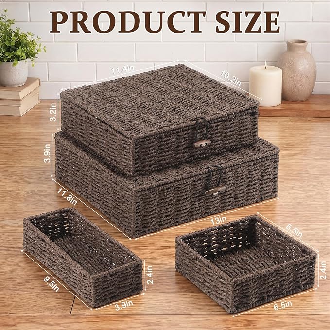 Newtay Set of 4 Woven Wicker Storage Baskets with Lids, Decorative Storage Boxes Lidded Rattan Organizer Bin Home Decor for Shelf, Coffee Table, Closet, Bathroom, Living Room