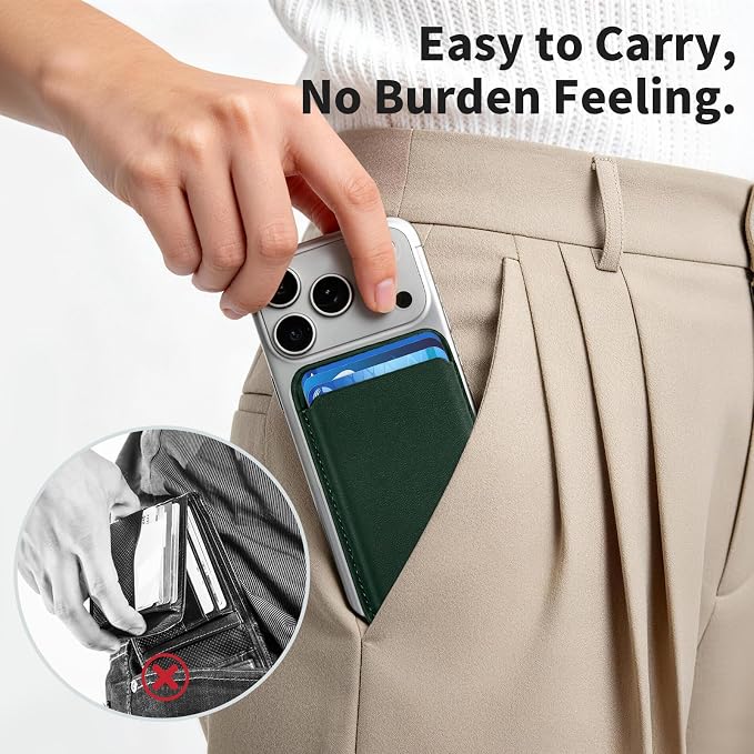 Magnetic Wallet Phone Card Holder for Phone Case with Mag-Safe, Stronger Magnetic RFID Leather Phone Wallet Stick on Series of iPhone 17/16/15/14/13/12 and Pro/Promax, Deep Green