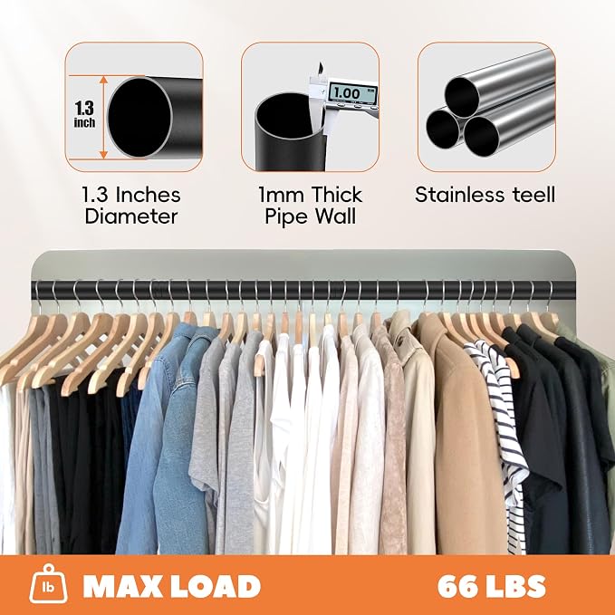 Metal Closet Rod 1.3" Heavy Duty Adjustable Hanging Rod 17-99 Inch | Black, Stainless Steel, 1.3 Inch Diameter, Wall Brackets Included, For Hanging Clothes, Walk-In Closets, Laundry Rooms