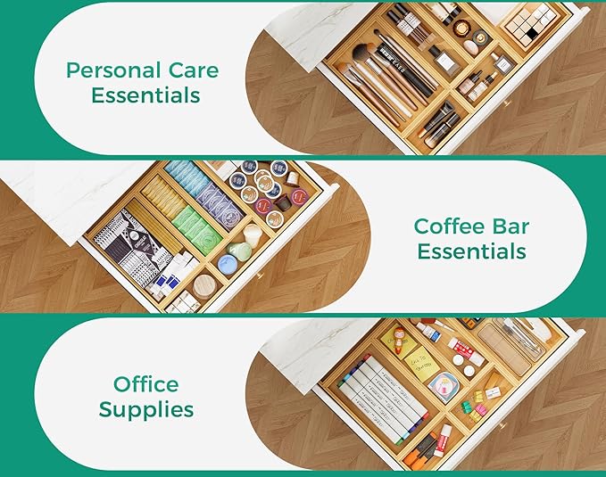 Bamboo Kitchen Drawer Organizer Boxes 12" x 6" Stackable Wooden Organizers | Set of 2 Wood Silverware Utensil Tray for Drawers Bins, Cutlery & Flatware Storage for Junk Drawer, Bathroom, RV