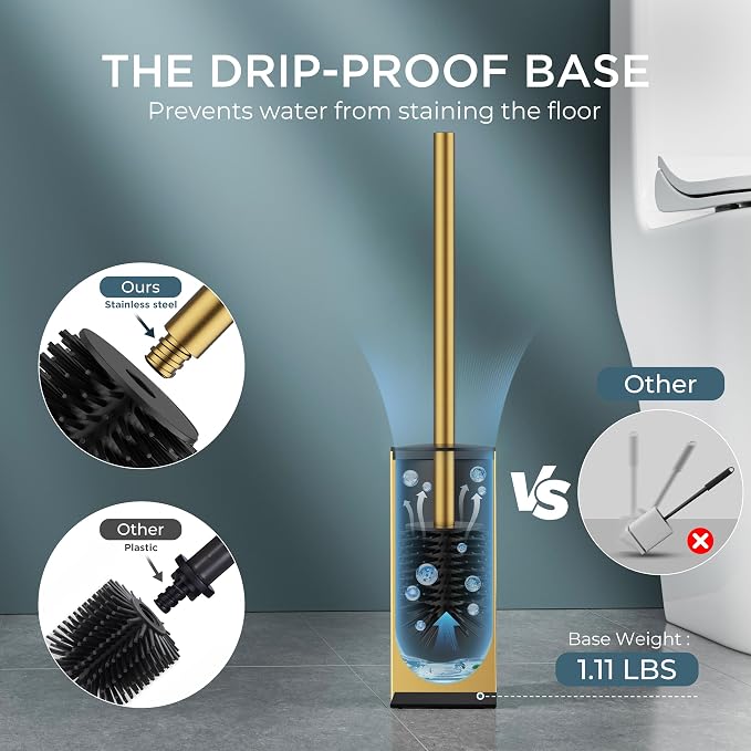 FORIOUS Toilet Brush, 2 Toilet Bowl Brush Head Square Tall Gold | Heavy Duty 304 Stainless Steel Base, Silicone and Plastic Brush Heads, Long Handle for Deep Cleaning, Drip-Proof