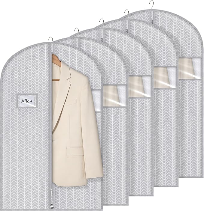 Syeeiex 40" Suit Bag, Set of 5 Garment Bags for Hanging Clothes, Suit Bags for Closet Storage, Garment Bags for Storage Suits,T-shirts, Jackets and Coats(Grey Arrow)