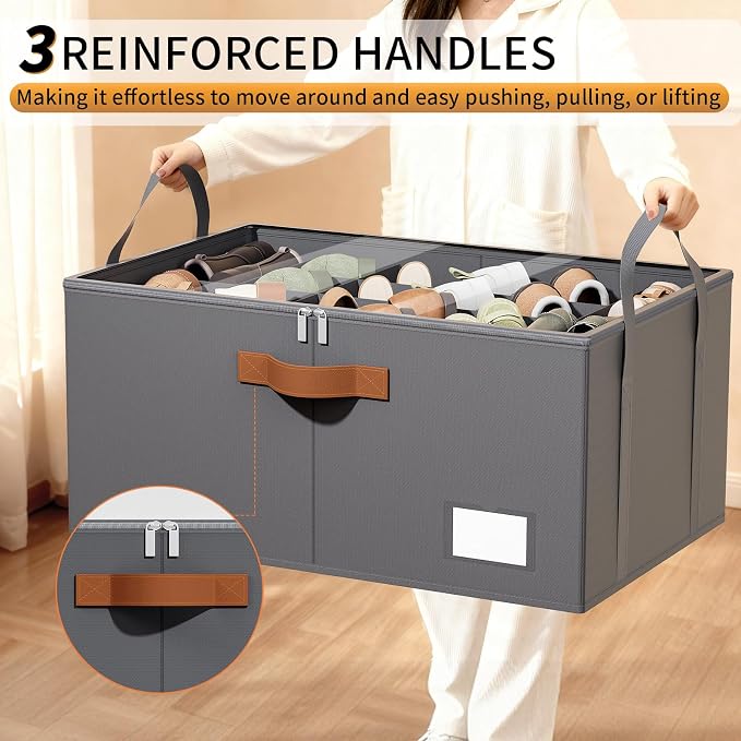 Shoe Organizer for Closet, Fits up to 40 Pairs, Gray, 2 Pack | Space Saving, Clear Cover, Reinforced Handles, Stackable & Foldable Fabric Shoe Storage Organizer Box for Entryway, Bedroom