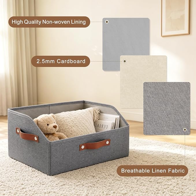 Bagnizer Closet Organizers and Storage, Linen Trapezoid Storage Bins with Handles, Collapsible Shelf Organizer for Blanket, Towel, Clothes, Hats, Purse (Gray)