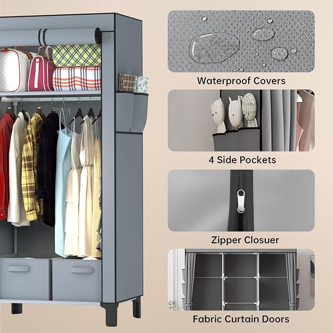 Portable Closet Wardrobe Closet for Hanging Clothes with 3 Hanging Rods for Bedroom, Non-Woven Fabric Clothes Closet for Living Room Easy Assemble (Gray, 2 Columns, 23.2 inch Width)