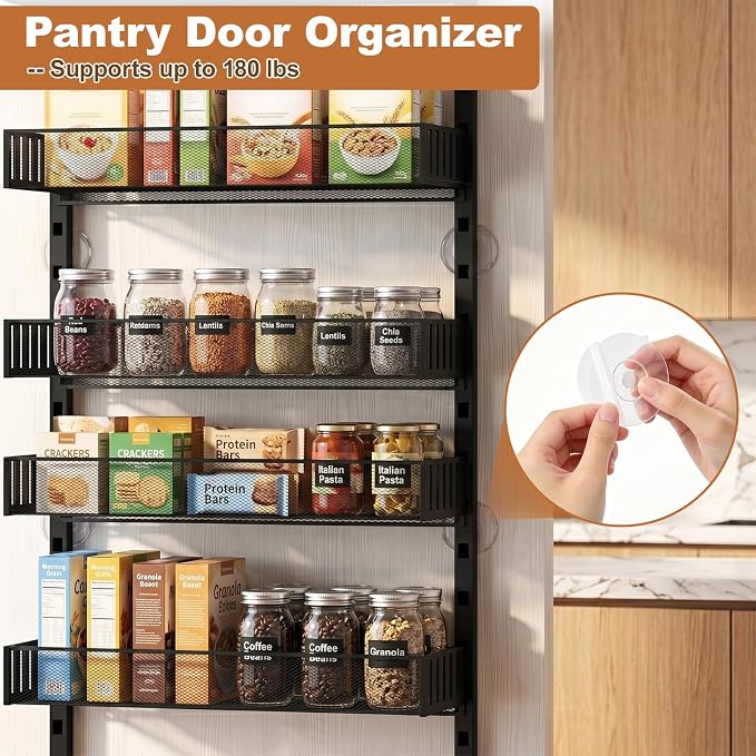 Over the Door Pantry Organizer, 2-in-1 Wall Mount or Hanging Spice Rack, 8-Tier Pantry Door Storage Shelf with Adjustable Baskets, Anti-Swing Design for Kitchen, Bathroom, Laundry Room