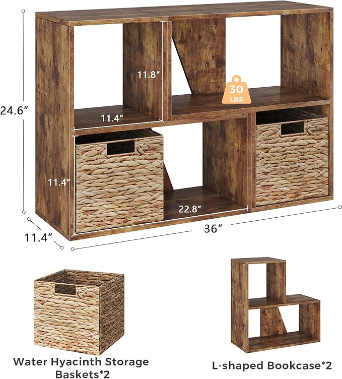 MapleGrace 6 Cube Storage Organizer, Wooden Storage Shelves Bookcase with Back Panels, Stackable Display Bookshelf Includes 2 Wicker Baskets for Living Room, Bedroom, Study, Hallway, Rustic Brown