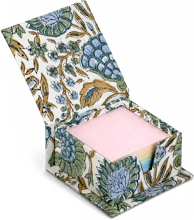 Ridhi Block Print Asparagus Green Sticky Note Holder Box for Desk, Aesthetic Memo Pad Organizer, Sticky Note Box Decorative Office Accessory, Stationery Gift for Teachers, Students, Professionals
