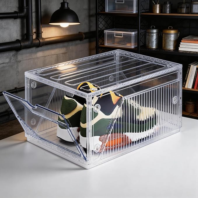 XX-Large Shoe Sneaker Storage Boxes for Size 14, Stackable & Thicken Clear Plastic Shoe Organizers 1Pack for Entryway Closet Under Bed, Shoe Storage Cabinets Container Display Case w/ Magnetic Door