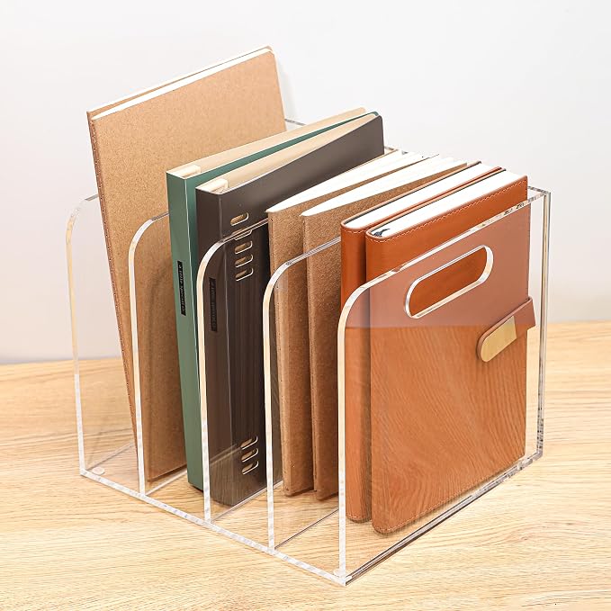Clear Acrylic Magazine File Holder, 4 Compartment Desk Organizer | 4 spacious vertical compartments hold magazines, files, books & more. Clear acrylic, non-slip base. No assembly, portable.