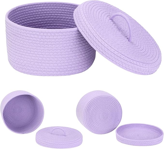 Sea Team Round Cotton Rope Storage Basket with Lid, Lidded Woven Storage Bin, Nursery Storage Container, Diaper Caddy, Baby Shower Basket, Box, Organizer, 11.8 x 11.8 x 6.7 Inches (Medium, Lavender)