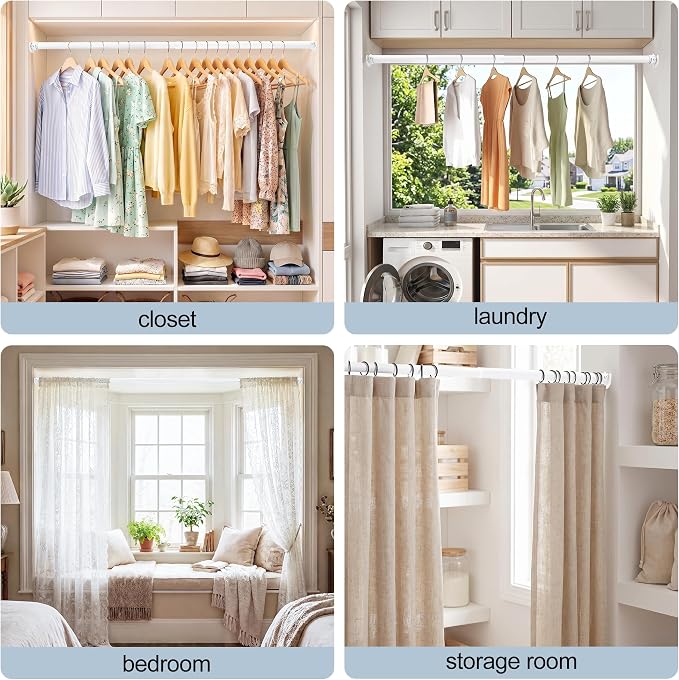 Adjustable Closet Rod for Hanging Clothes, 17-28inch Heavy Duty Metal tension clothes rod，1.3Inches Closet Pole with Hardware Kit for Closet Organization Laundry Room RV, White