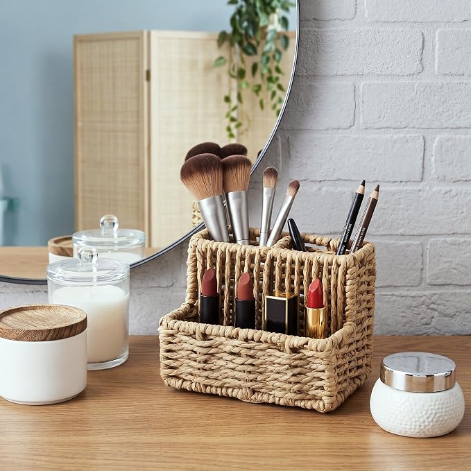 Handwoven Pen Holder Paper Rope 3 Compartment Desk Organizer 5.11 x 3.42 x 3.85 in for Pencils Remote Stationery Rustic Natural Desktop Storage Caddy Applied for Office Home School Decor
