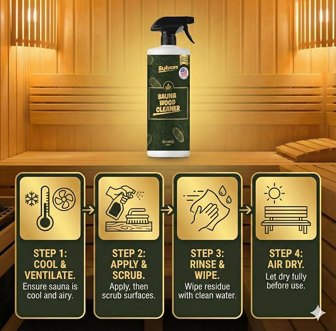 Sauna Wood Cleaner 32 oz | US Made | Sauna Spray | Hemlock, Pine, Cedar | Removes Stains, Sweat & Odors | Fast-Drying & Streak-Free Formula | Natural Wood Cleaner | Long Lasting