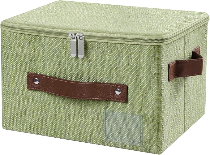 ANMINY Small Fabric Storage Box Bins with Zipper Lid, Washable Green | Cotton Linen Fabric, PP Board Frame, Label Holder, Stackable & Foldable, PU Handles, Dual-Zipper 3-Side Open Lid