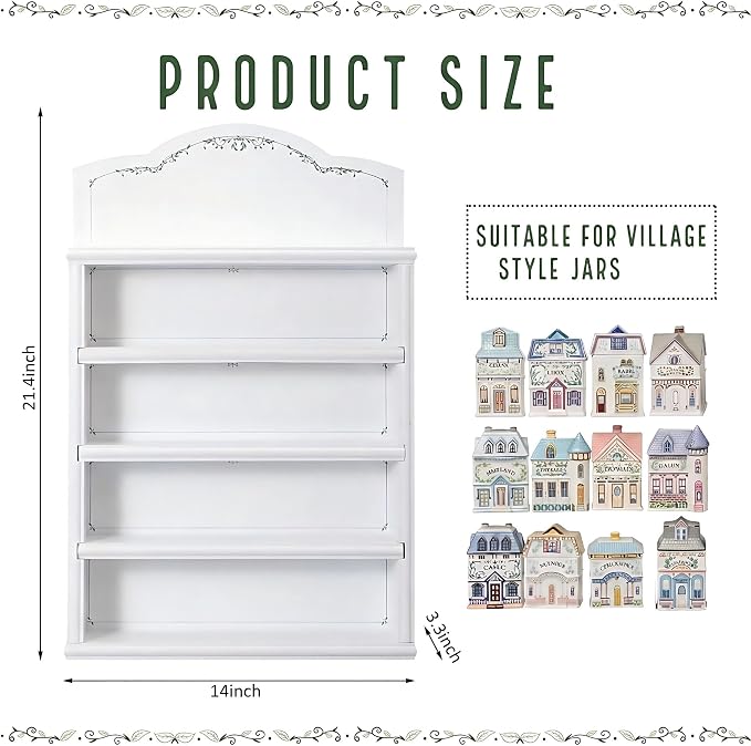 Chunful Vintage Spice Jar Wooden Rack White with Vines in Green Color Spice Shelf for 24 Jars, Village Style Wall Mounting Kitchen Storage Decorative Hanging Display Rack, Shelf Only