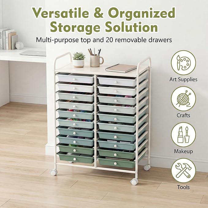 COSTWAY 20-Drawer Rolling Storage Cart, Utility Storage Organizer Cart | For Tools, Scrapbook, Paper, Craft, Multipurpose Storage Trolley on Wheels for Home Office School (Green Gradient)