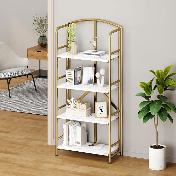 No Assembly,Gold Folding Bookshelf 4 Tiers, Vintage Storage Rack,White&Gold | Bookcase Vintage Multifunctional Plant Flower Stand, Storage Shelves Organizer for Home Office,Living Room,Dorm