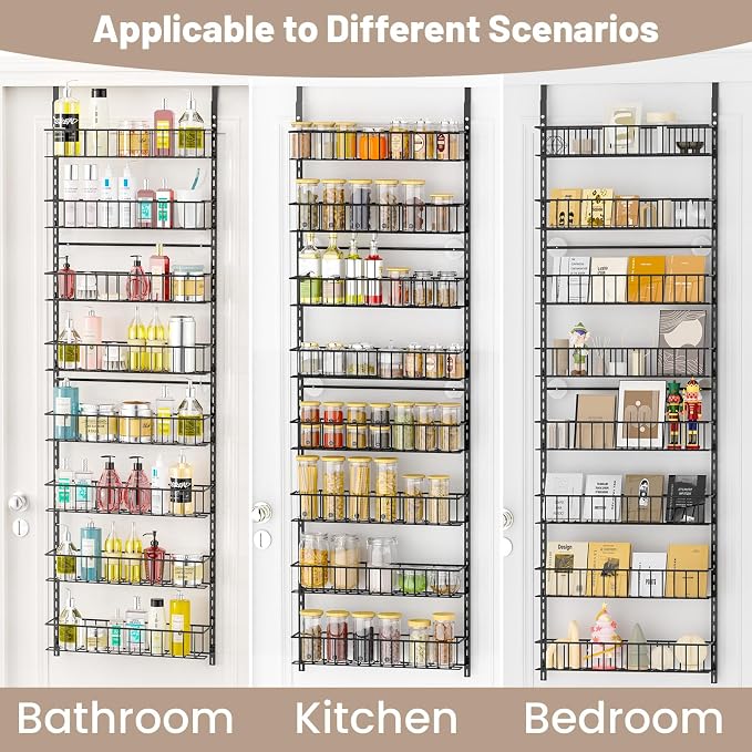 ElegantArray 8-Tier Pantry Door Organizer, Over The Door Pantry Organizer Rack and Storage, Hanging Spice Rack Shelves Door, Home Office Laundry Room Bathroom & Kitchen Organization Essentials Metal