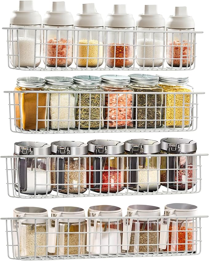 Spice Rack Organizer Wall Mount, 4 Pack White Storage Basket for Kithceh Seasoning Organizer Spice Organization for Kitchen and RV