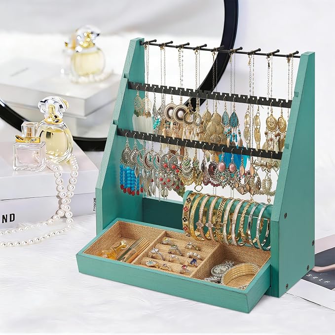 DGWJSU Jewelry Organizer Stand, 5 Layer Earring Holder Organizer with Necklace Holder, Rustic Wood Earring Organizer Display for Stud Earring Bracelet Necklace Ring, Watches