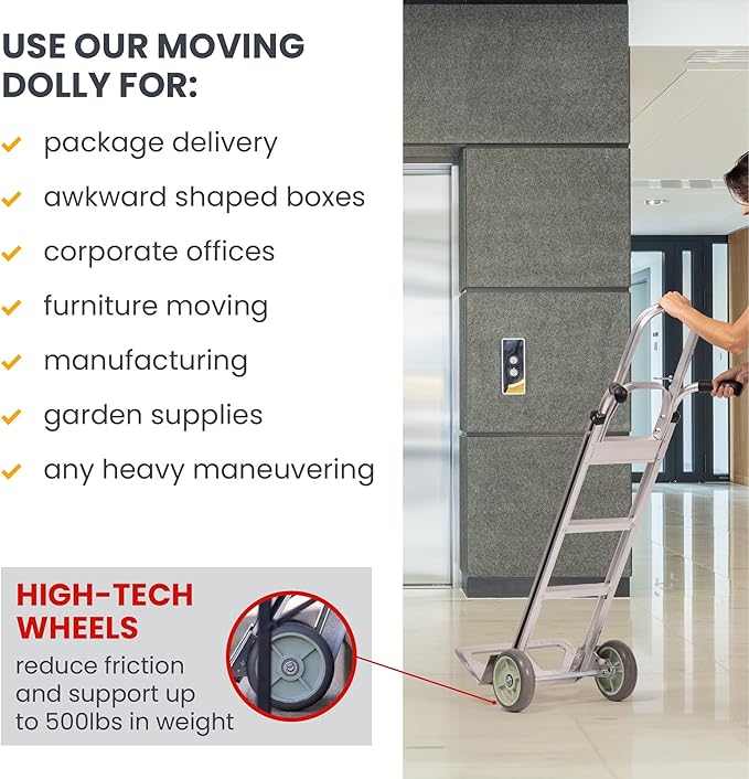 Dual Handle Stair Climbing Hand Truck, 500 lb Capacity Aluminum Dolly, 8" Puncture Resistant Wheels, Heavy Duty Appliance & Furniture Mover, 54" x 18.5" with Large Nose Plate