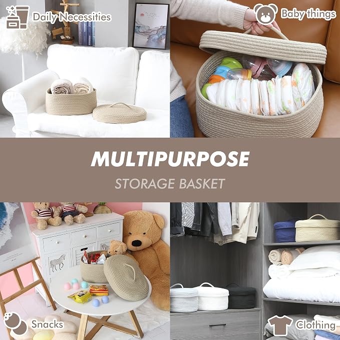 Sea Team Oval Cotton Rope Storage Basket with Lid, Lidded Woven Storage Bin, Nursery Storage Container, Diaper Caddy, Baby Shower Basket, Box, Organizer, 15 x 11 x 6.5 Inches (Medium, Khaki)