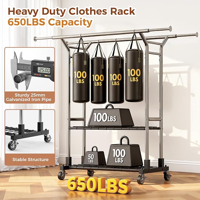 Luxspire Double Rod Clothing Racks for Hanging Clothes Load 650 LBS, Silver | Zinc-iron alloy frame, 2-tier sturdy shelves, lockable silent wheels, adjustable extendable rods for bedroom & laundry room