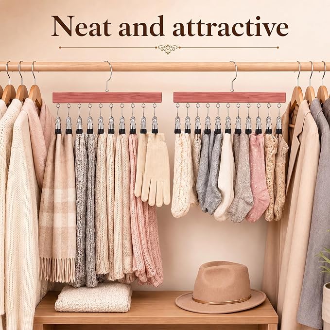 Novabright 4 Pack Cedar Hangers with 12 Clips, 360° Rotating Multi Clip Hangers for Closet, Wooden Hanging Space Saving Organizer for Leggings Pants Jeans Socks Hats Scarves Bras Accessories