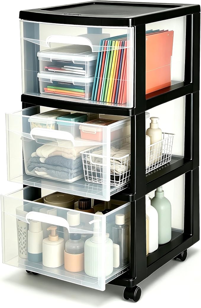 3 Drawer Plastic Storage Cart, Clear Rolling Home Office Organizer Black | Removable wheels switch between rolling mobility & stationary stability for any room.