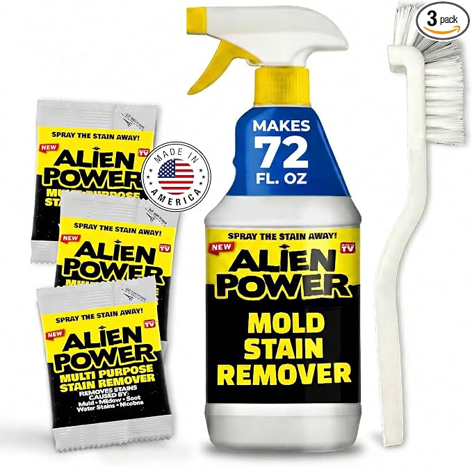 Alien Power 72 OZ Instant Stain Remover Spray for Black Mold and Mildew | All Purpose No-Scrub Cleaner for Bathroom & Household Surfaces, Tiles, Wall & Washing Machines - 3 Packets (Makes 72 Fl Oz)