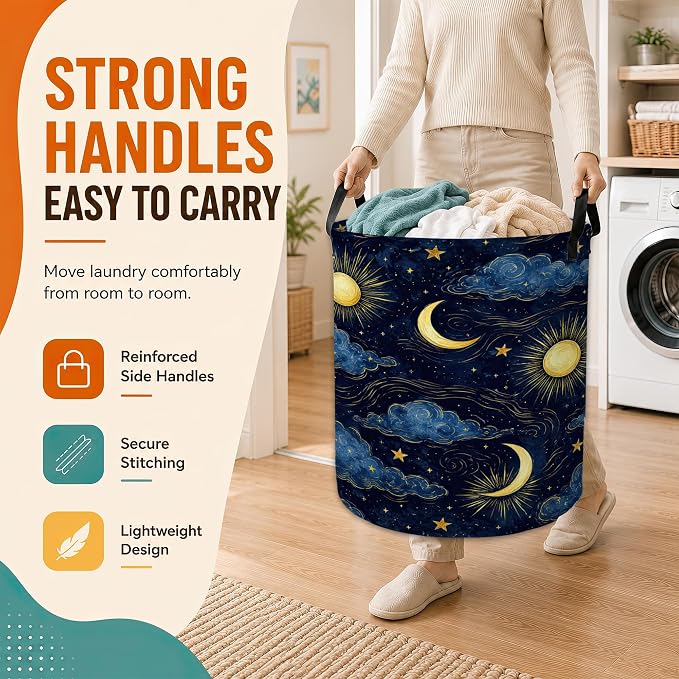 Sun Moon Laundry Basket,Stars Clouds Foldable Oxford Laundry Hamper with Handles,Collapsible Clothes Storage Bucket Tote Bag for Laundry Room,Bathroom,Bedroom,Dorm