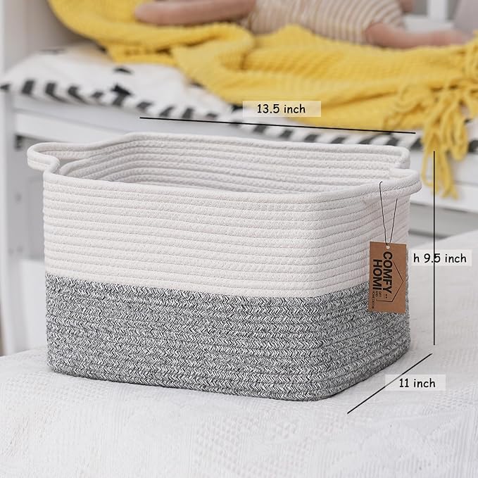 COMFY-HOMI Cotton Rope Woven Basket with Handles for Shelves,Toys,Book, Cloth Storage Baskets Bin for Organizing- 1 PCSToy Decorative Organizer for Living Room, Bathroom