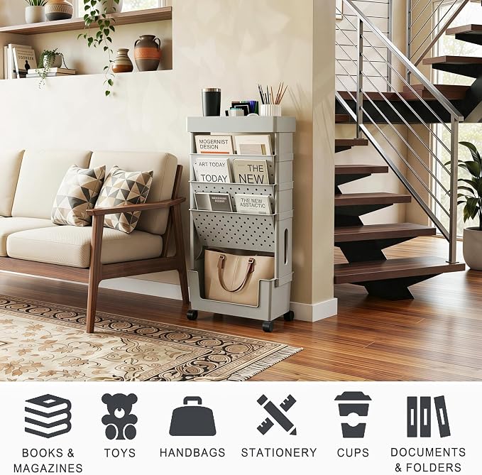 5-Tier Rolling Bookshelf Magazine Rack with Wheels Gray | Mobile Bookcase, Book Storage File Folder Organizer Cart for Home Study Office Living Room Classroom