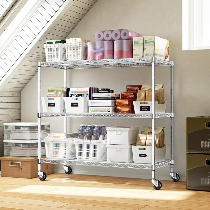 DurayLoly 45" W 3-Tier Metal Shelf on Wheels,450lbs,Kitchen, Laundry,Garage | 19mm chrome steel, 150 lbs/shelf, lock casters or switch to leveling feet, tool-free setup, fits pantry & bedroom