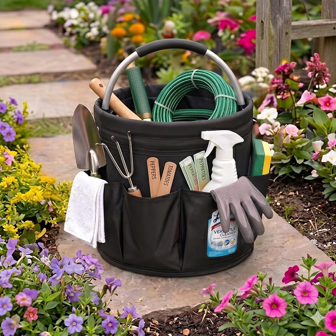 Garden Tool Organizer Tote with Non-Slip Handle – 4.5-Gallon Water-Resistant Bucket Bag with 6 Side Pockets, Portable Gardening and Outdoor Utility Bag for Yard Work, Garage, Beach & Camping (Black)