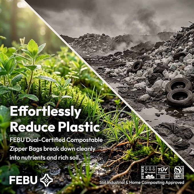 FEBU Snack Compostable Food Storage Bags, 180 Count | Certified Home Compostable & Biodegradable | PFAS & BPA Free Zipper Bags | Leak-Proof & Resealable | 6.5"x 3.25"