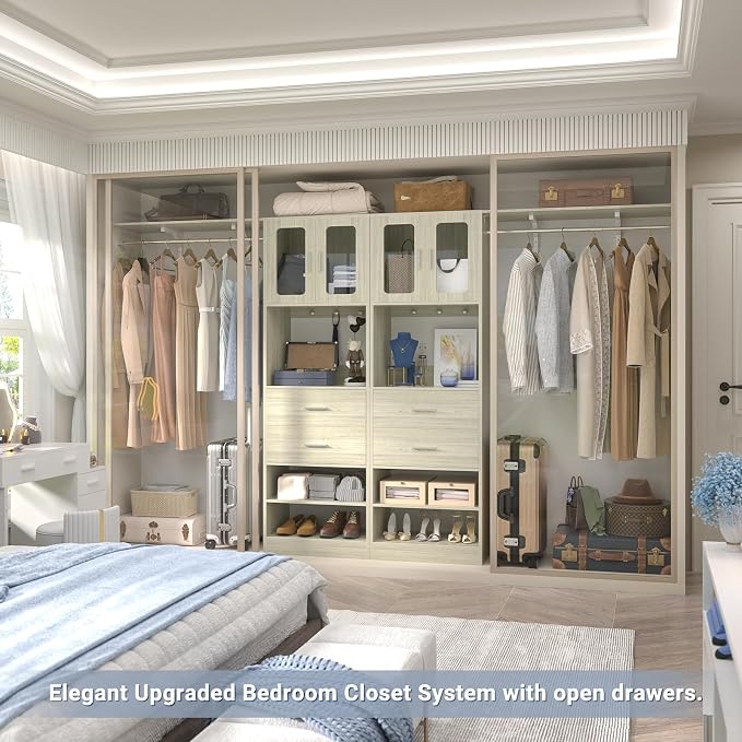 5FT Closet System with Doors and Wooden Drawers, 60'' Reversible Closet Organizer System with Big Wing Shelf and Hanging Rod, 80'' Tall Walk in Wardrobe Closet System with Shelves & Hooks, White Oak