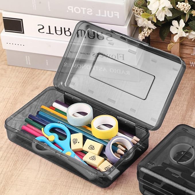 Blulu 6 Pack Large Plastic Pencil Case Box Clear Pencil Boxes Bulk Hard Crayon Box Storage with Snap Lids 8.1 x 4.7 x 2.2 Inch Painting Organizer Classroom Stationery School Supplies (Gray)