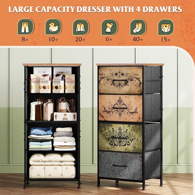 WLIVE Dresser with 4 Drawers, Storage Tower, Organizer Unit, Fabric Dresser for Bedroom, Hallway, Entryway, Closets, Sturdy Steel Frame, Wood Top, Easy Pull Handle, Pattern