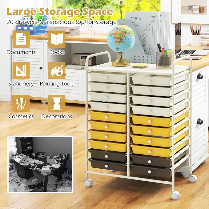 DREAMADE Rolling Cart With Storage Drawers, Utility Cart With Removable Plastic Drawers, Lockable Wheels for Classroom Organization, Art Supplies, Office, Scrapbook (20 Drawers, Yellow)