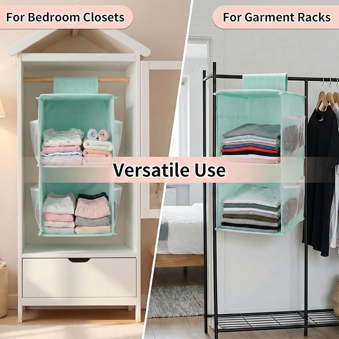 2-Shelf Closet Hanging Organizer Foldable Hanging Storage Shelves with Strong Magic Tapes Space-Saving Wardrobe Hanging Shelf for Clothes Towels Accessories Blue
