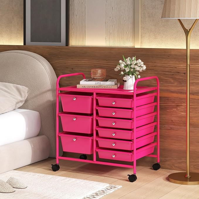 Moccha 9-Drawer Rolling Storage Cart - Under Desk Storage Drawers with wheels for Craft Art Supply Paper Salon, Scrapbook Paper Tools, Mobile Utility Cart for Classroom, Hot Pink