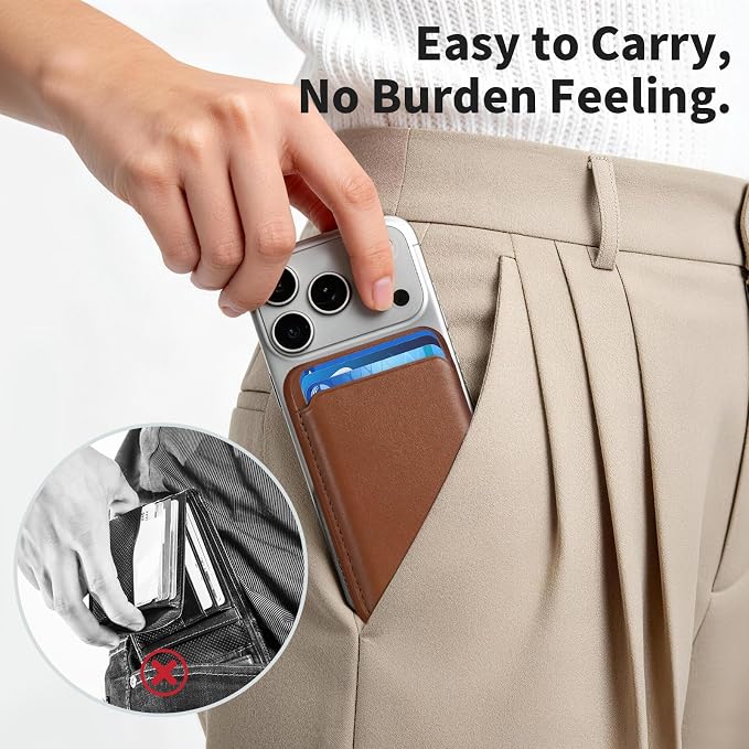 Magnetic Wallet Phone Card Holder for Phone Case with Mag-Safe, Stronger Magnetic RFID Leather Phone Wallet Stick on Series of iPhone 17/16/15/14/13/12 and Pro/Promax, Caramel Brown