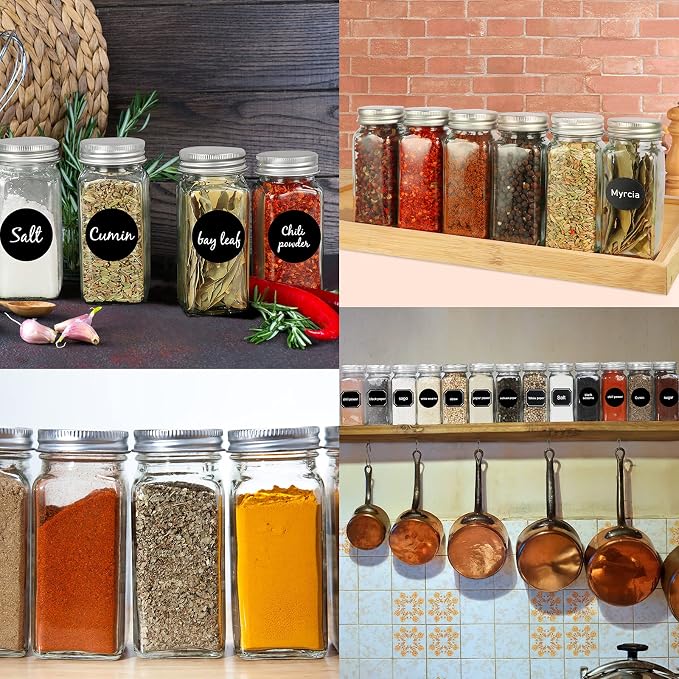 CycleMore 48 Pack 4oz Glass Spice Jars with Metal Caps and Shaker Lid | Airtight, Lead-Free, BPA Free Square Spice Containers - 80pcs Black Labels,1pcs Silicone Collapsible Funnel and 2 Brushes