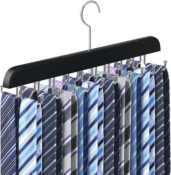 1PC Tie Rack Organizer, Tie Hanger for Closet with 20 Foldable Hooks, Black | Non Slip Neck Tie Organizer, Large Capacity, Space Saving, 360° Rotating Hook, Fits for Tank Tops Bras Cami Scarves