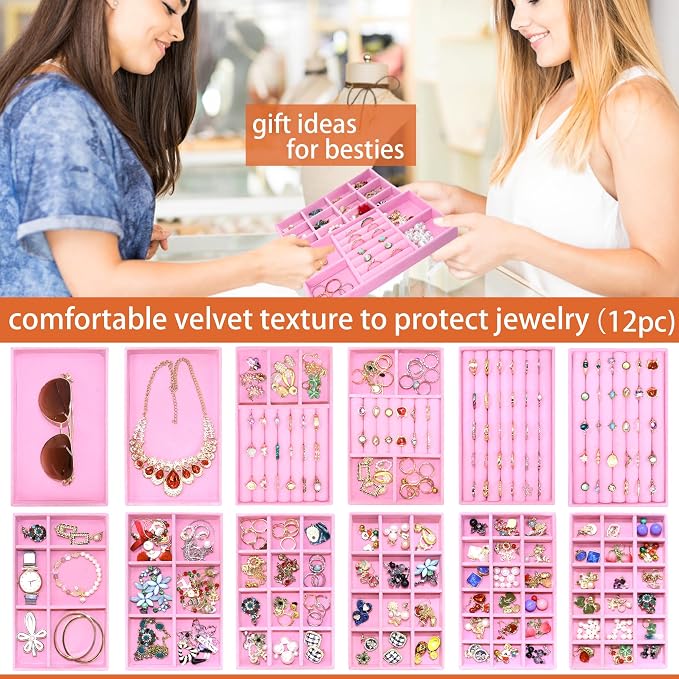 12 Set Jewelry Tray Stackable Velvet Jewelry Organizer Trays for Drawers Inserts Earrings Necklace Rings Jewelry for Women