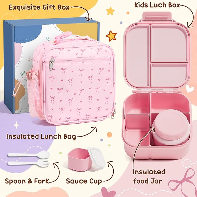 Fimibuke Kids Bento Lunch Box w/ 8.5oz Thermo Food Jar, Insulated Lunch Bag | Leak Proof 3-4 Compartments 60oz Toddler Lunch Food Container with Utensils, Sauce Cup for School Boys Girls, Dishwasher Safe
